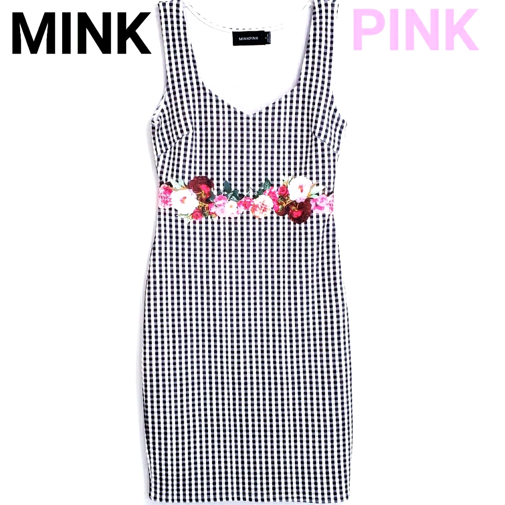Minkpink Black/White Gingham Check w/Pink Floral Accent Knit Sleeveless Dress